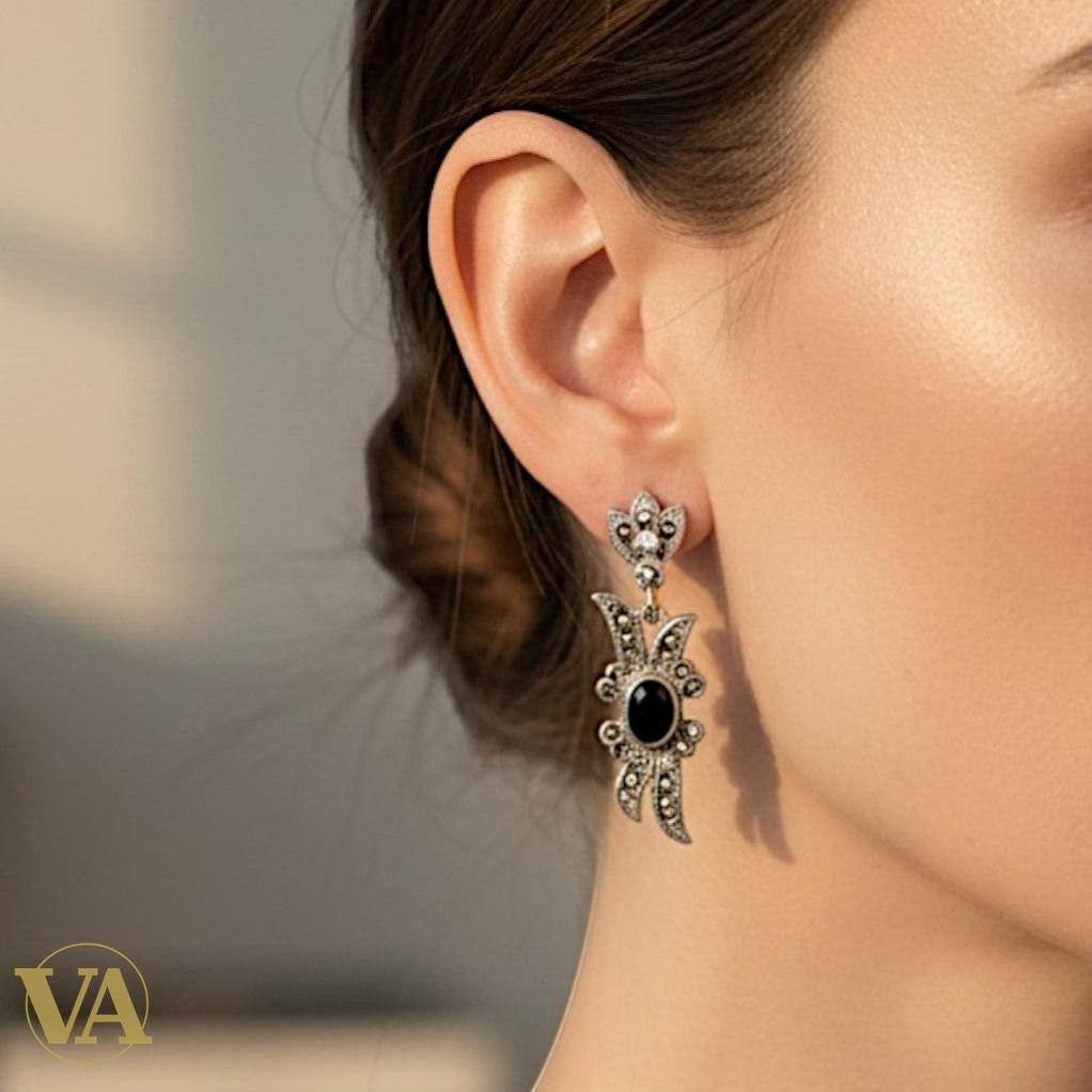 Boucles d'Oreilles Onyx et Marcassite Argent 925 — Style Art Déco Vindicta
