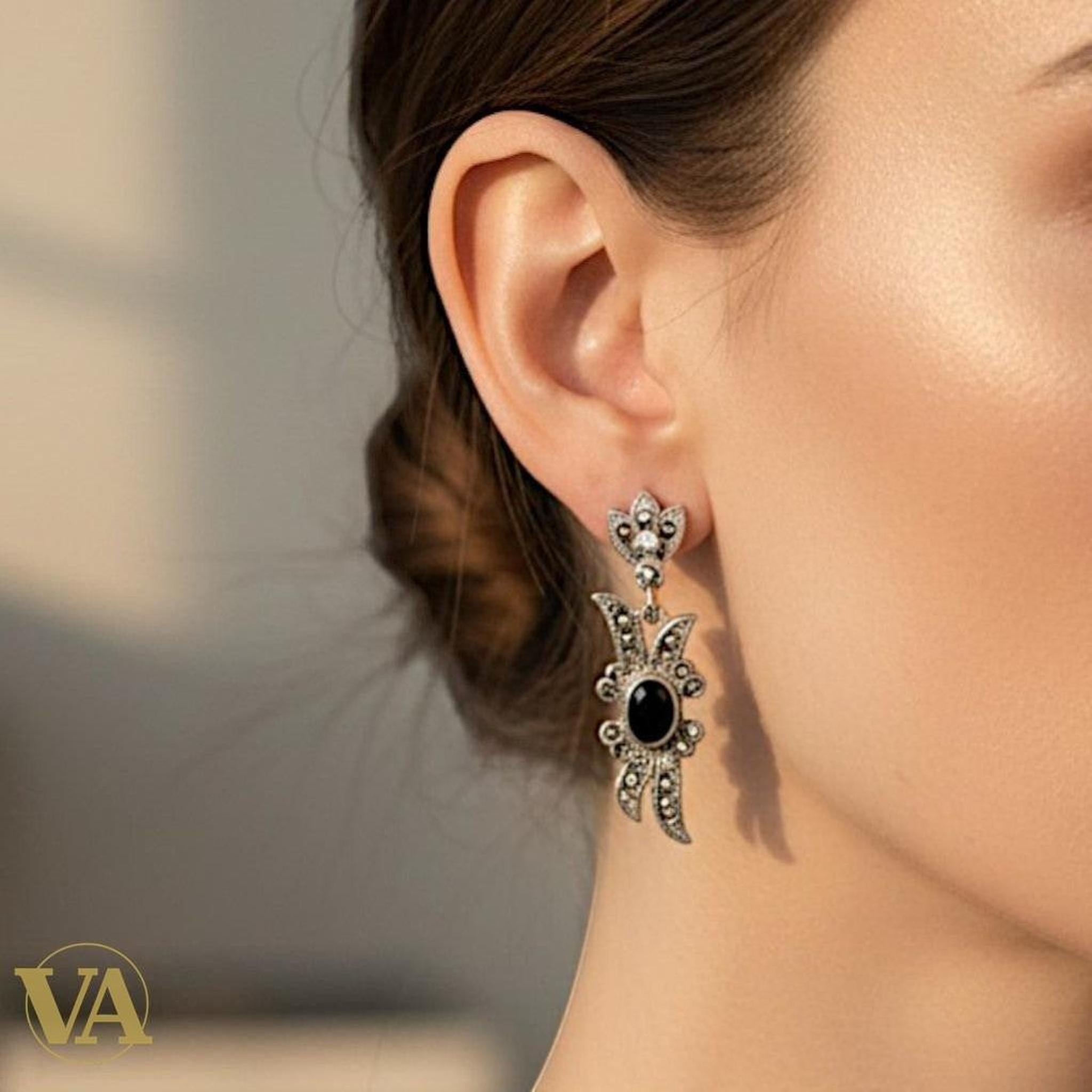 Boucles d'Oreilles Femme Onyx et Marcassite Argent 925 — Style Art Déco Vindicta | Bijoux Vindicta
