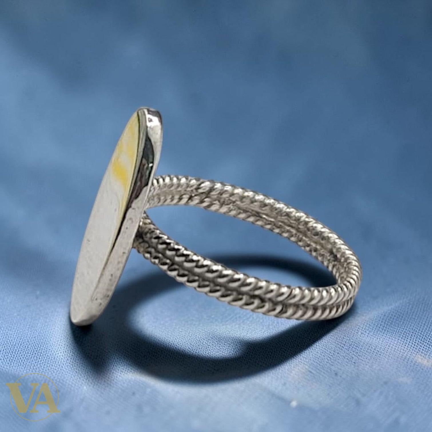 Bague Femme Argent 925 Cabochon Ovale Poli Anneau Torsadé