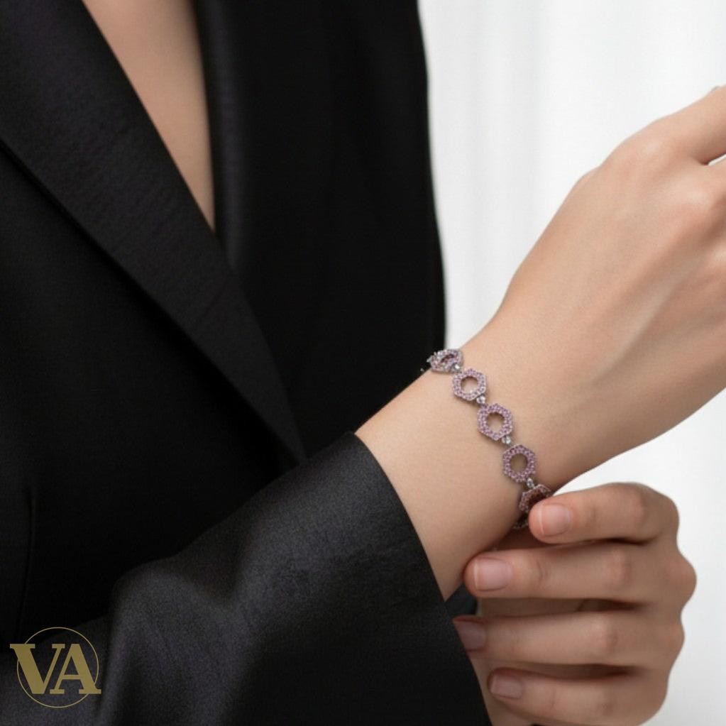 Bracelet Femme Argent 925 Hexagones Oxydes Roses