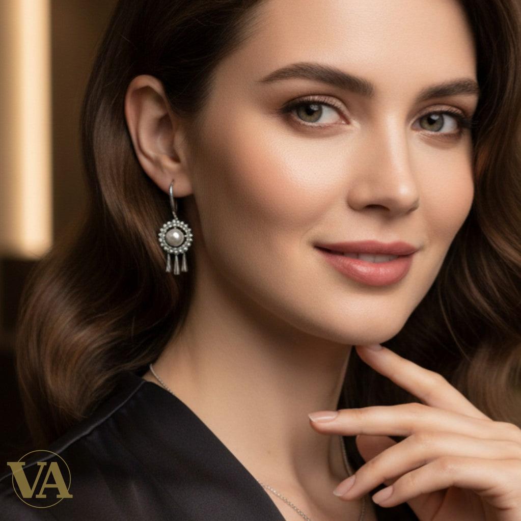 Boucles d’oreilles femme en argent 925, perles & oxydes de zirconium – Motif floral