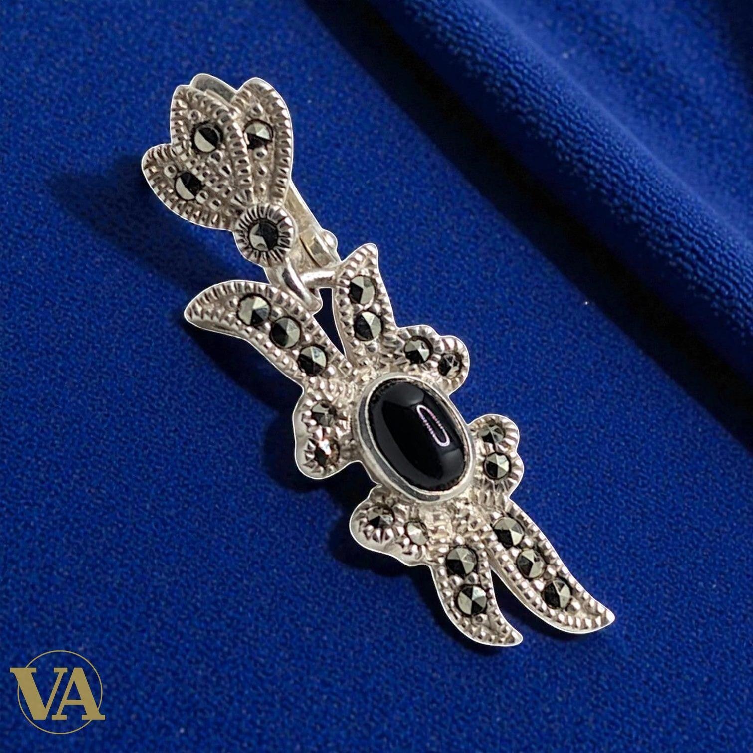 Boucles d'Oreilles Onyx et Marcassite Argent 925 — Style Art Déco Vindicta