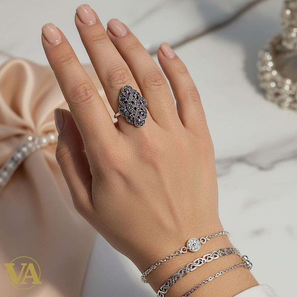 Bague femme arabesque en argent 925, améthyste & marcassite | Bijoux Vindicta