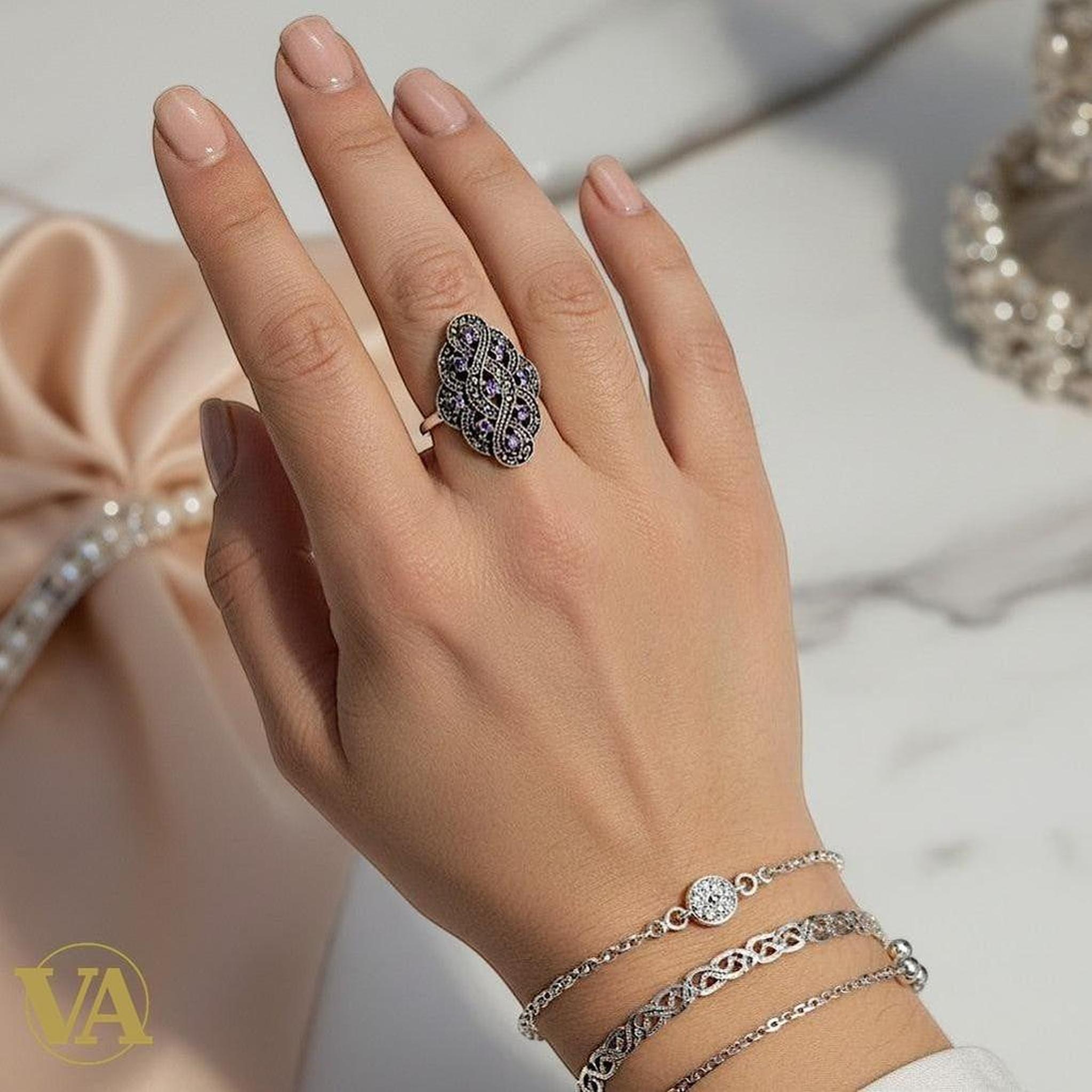Bague femme arabesque en argent 925, améthyste & marcassite | Bijoux Vindicta
