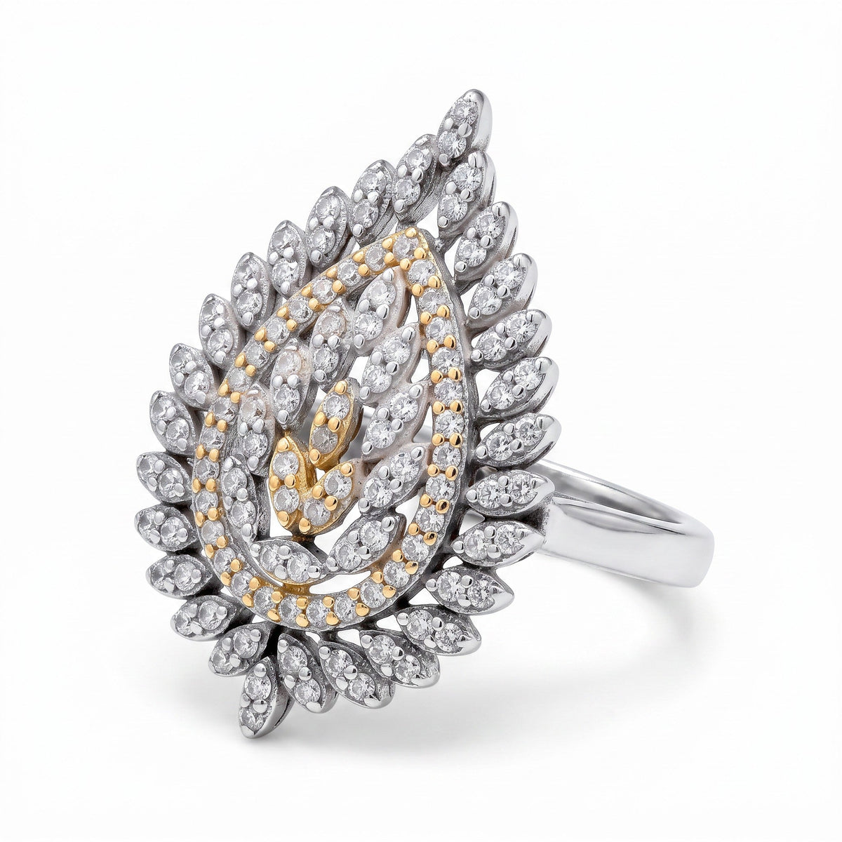 Bague femme argent 925 goutte pavé zircons pétales bicolore or fond blanc