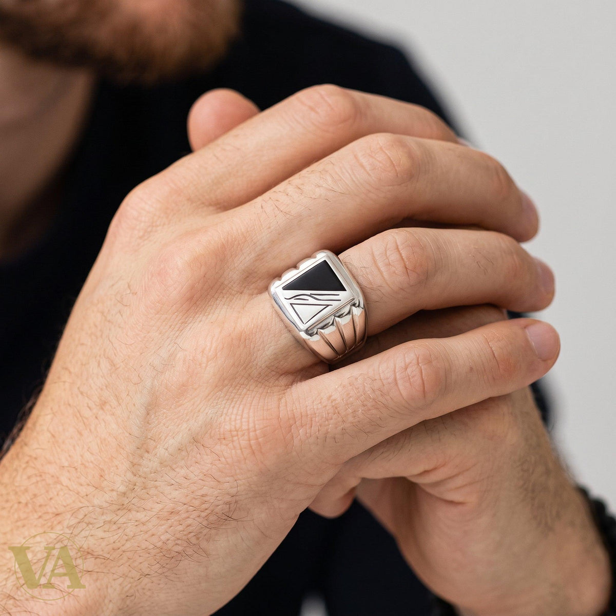 Chevalière Homme Argent 925 – Onyx Noir & Gravures Géométriques - Argent 925 - Vindicta