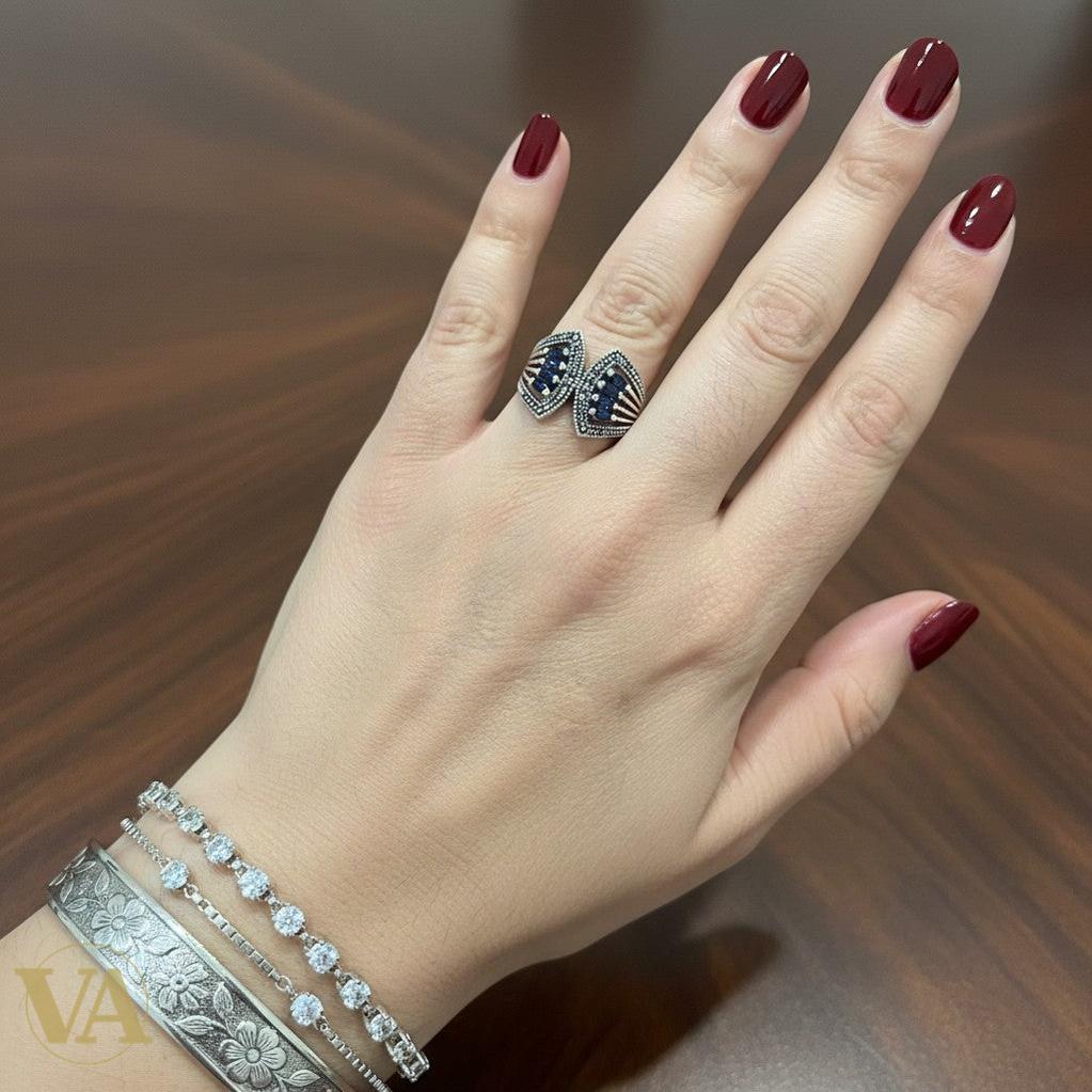Bague Femme en Argent 925 – Design ouvert, pierres bleues & marcassite