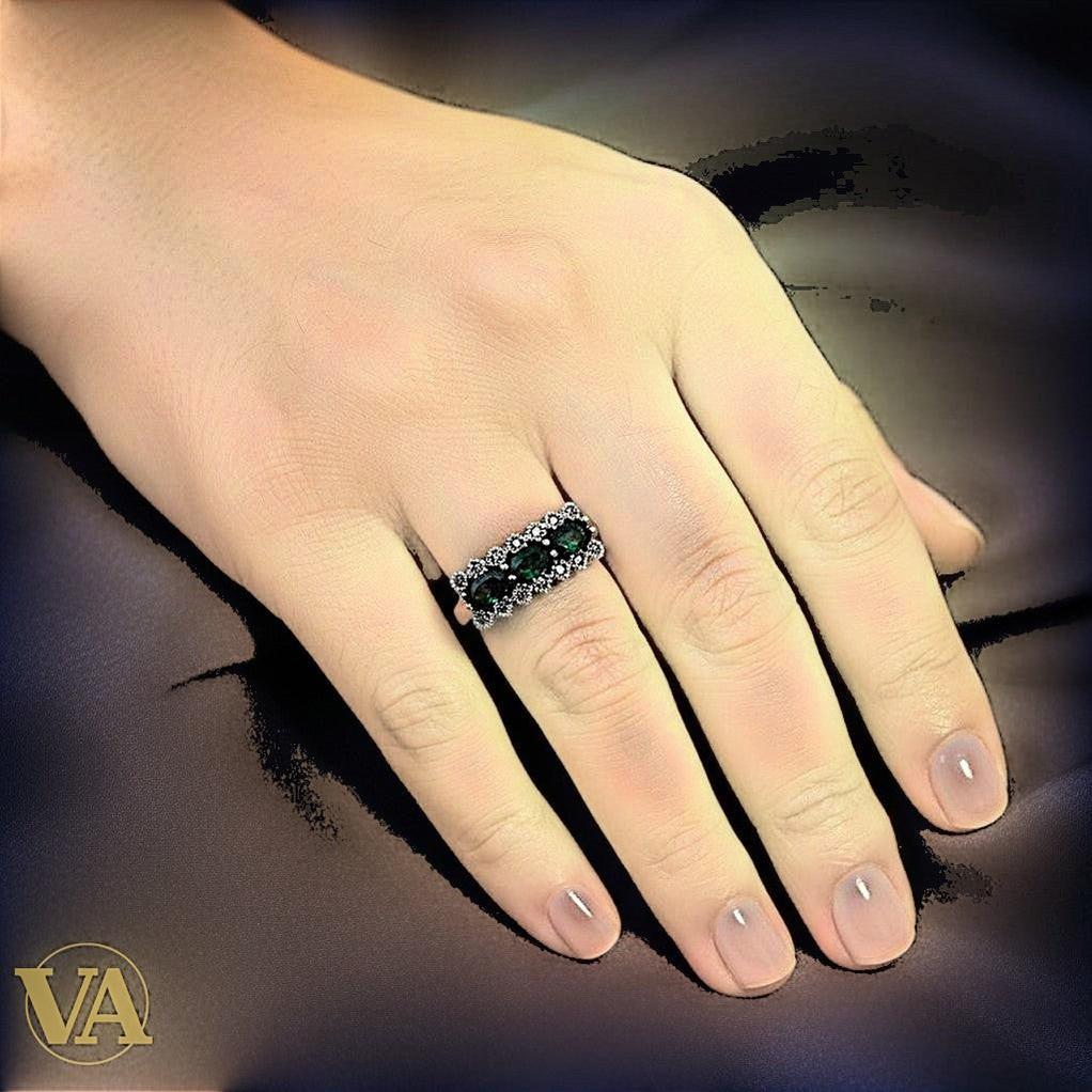Bague femme Argent 925 Vert Émeraude & Marcassites – Vintage Chic