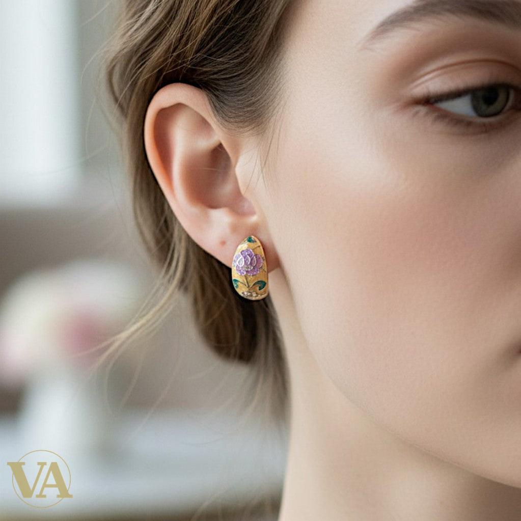 Boucles d'oreilles Femme Argent 925 – Émail Pivoine Rose & Ocre Cloisonné