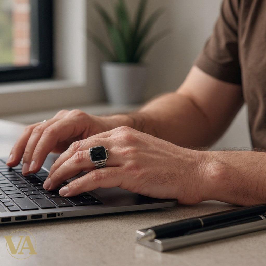 Bague Homme Argent 925 – Onyx noir rectangulaire & anneau mailles