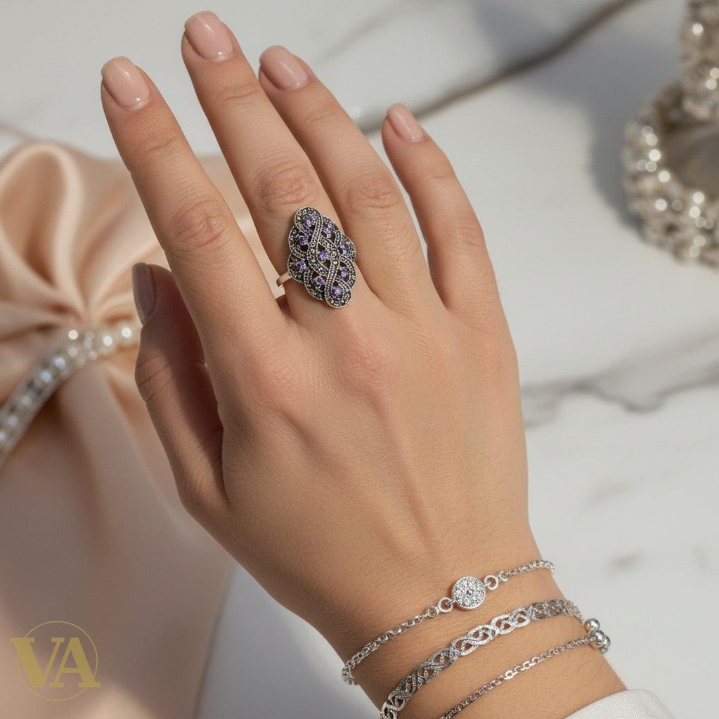 Bague arabesque en argent 925, améthyste & marcassite