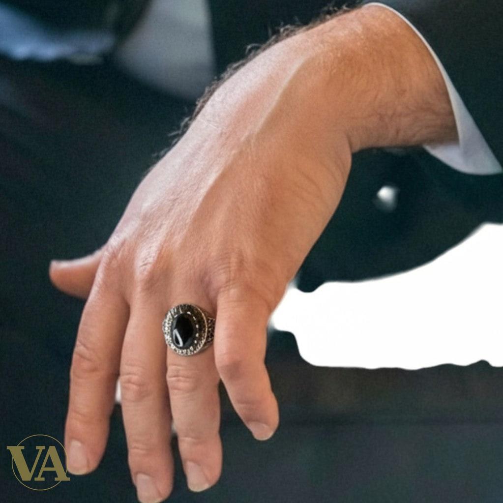 Bague Homme Argent 925 – Onyx noir cabochon & arabesques