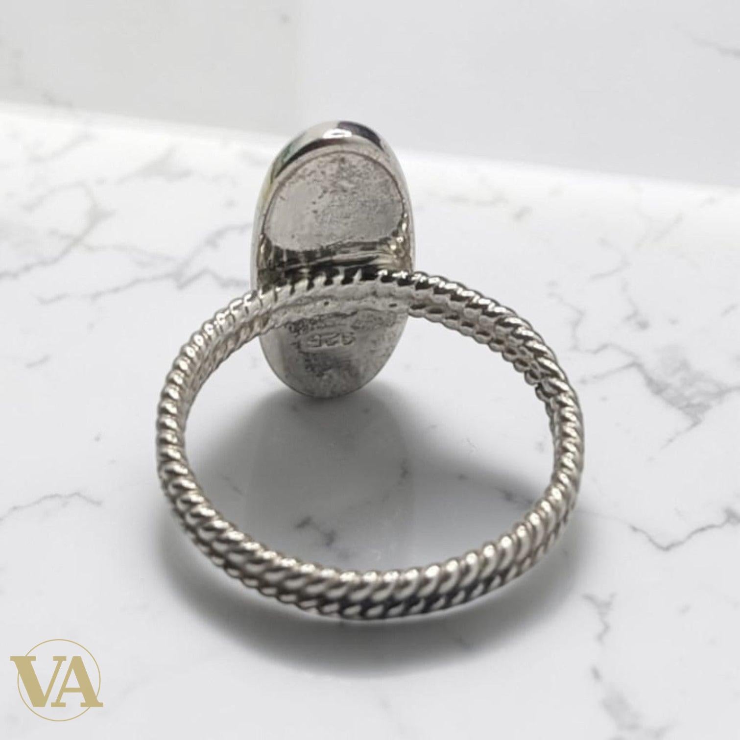 Bague Femme Argent 925 Cabochon Ovale Poli Anneau Torsadé