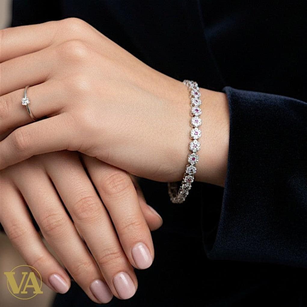 Bracelet Femme Argent 925 Oxydes Roses Vintage | Bijoux Vindicta