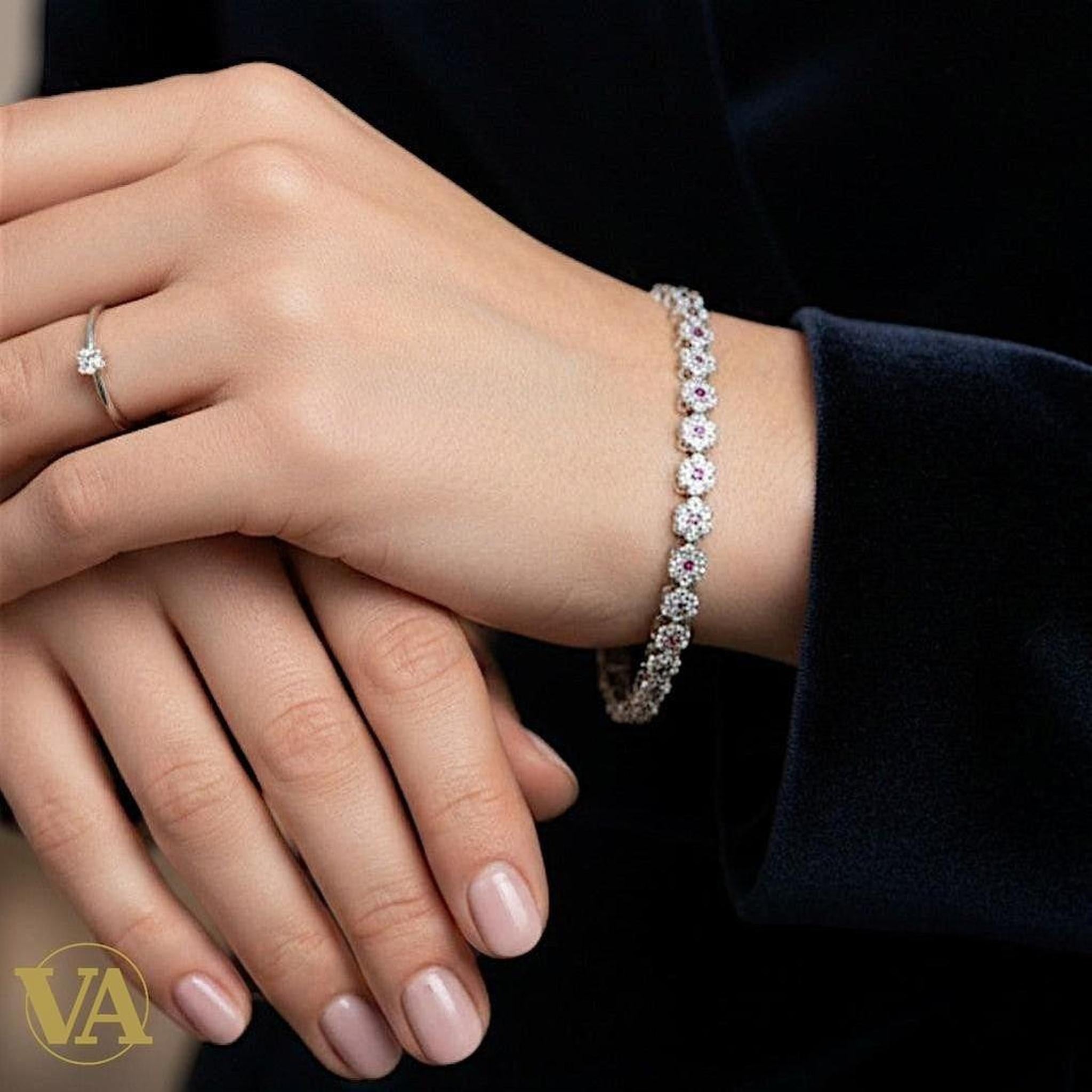 Bracelet Femme Argent 925 Oxydes Roses Vintage | Bijoux Vindicta