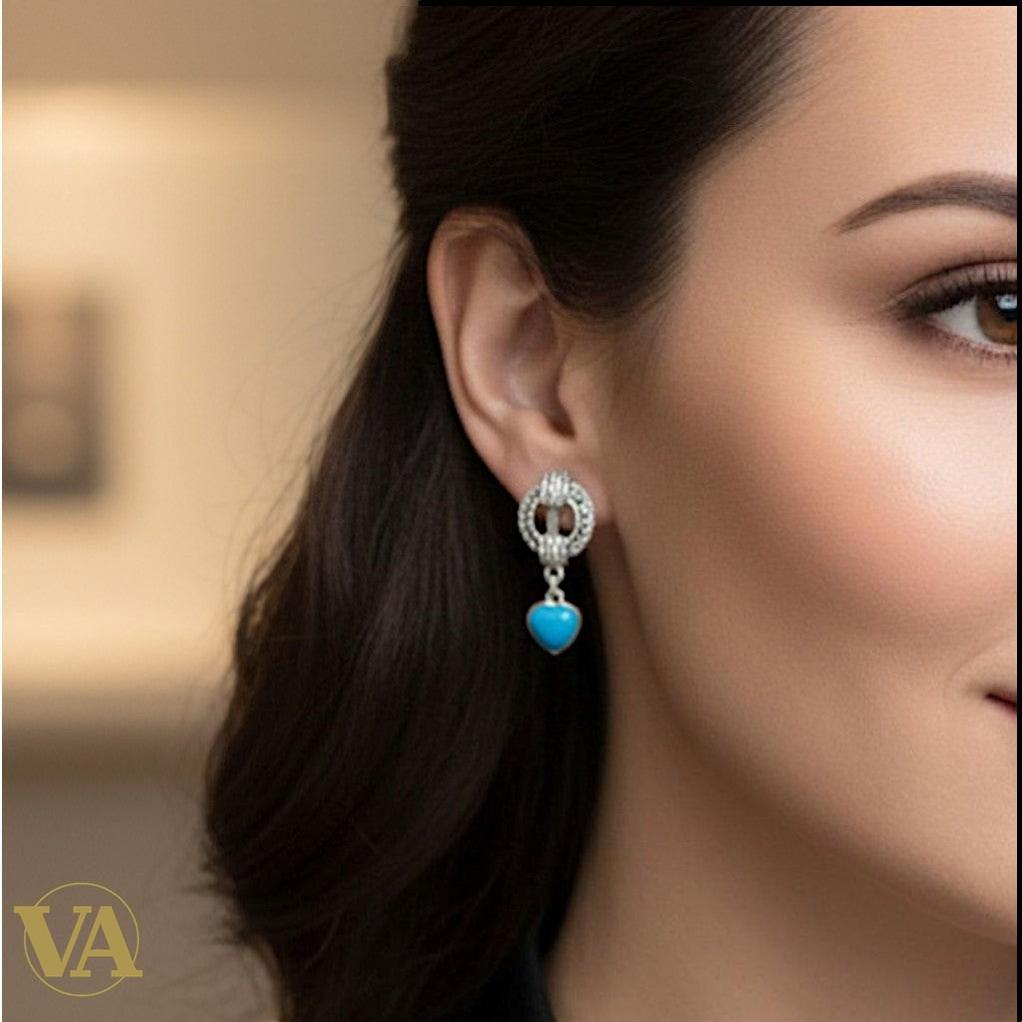 Boucles d'Oreilles Argent 925 Turquoise et Marcassite Art Déco