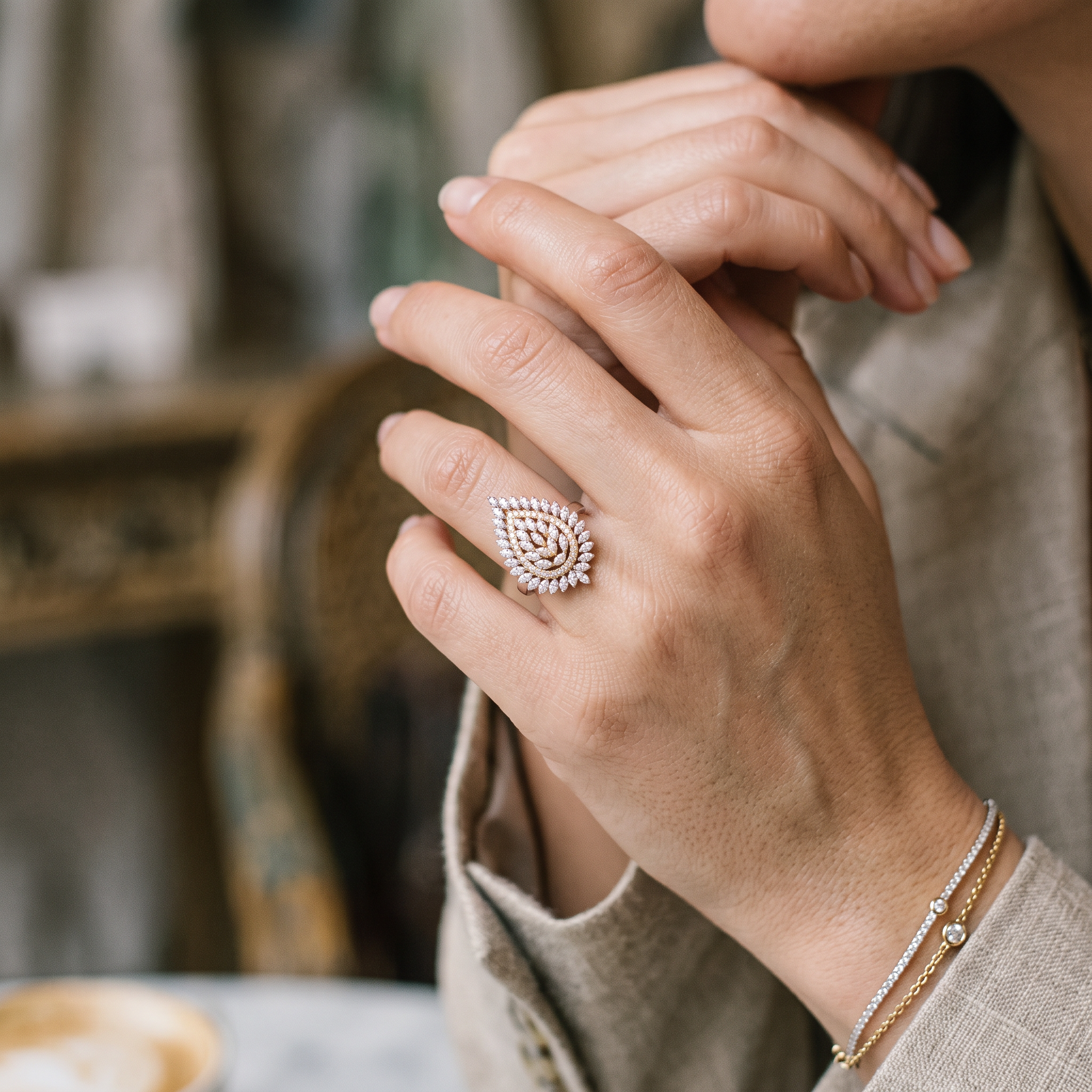 Bague Femme Argent 925 Goutte Pavé Zircons Pétales Bicolore