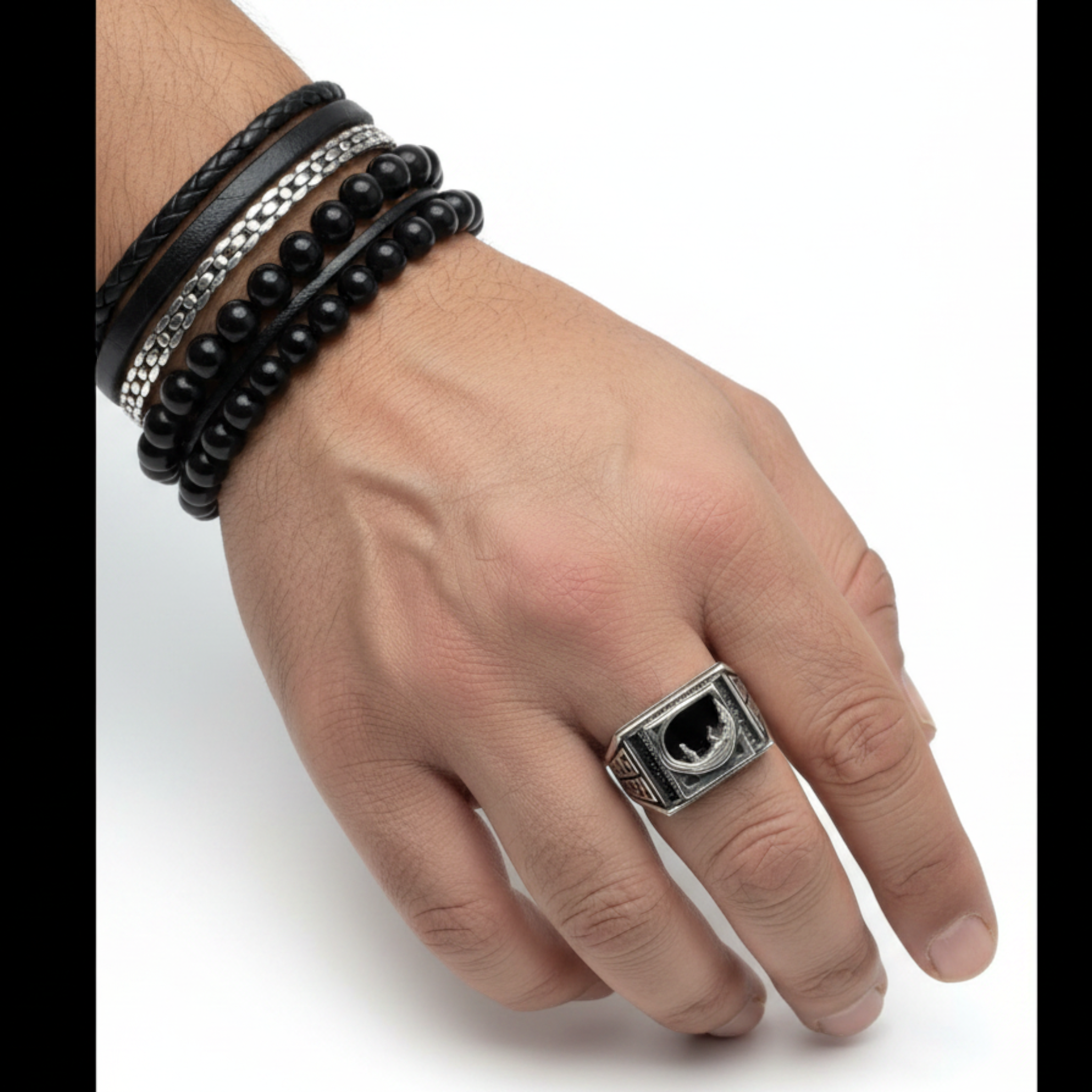Chevalière Homme Argent 925 Onyx Noir Crocodile Relief Motif Grec