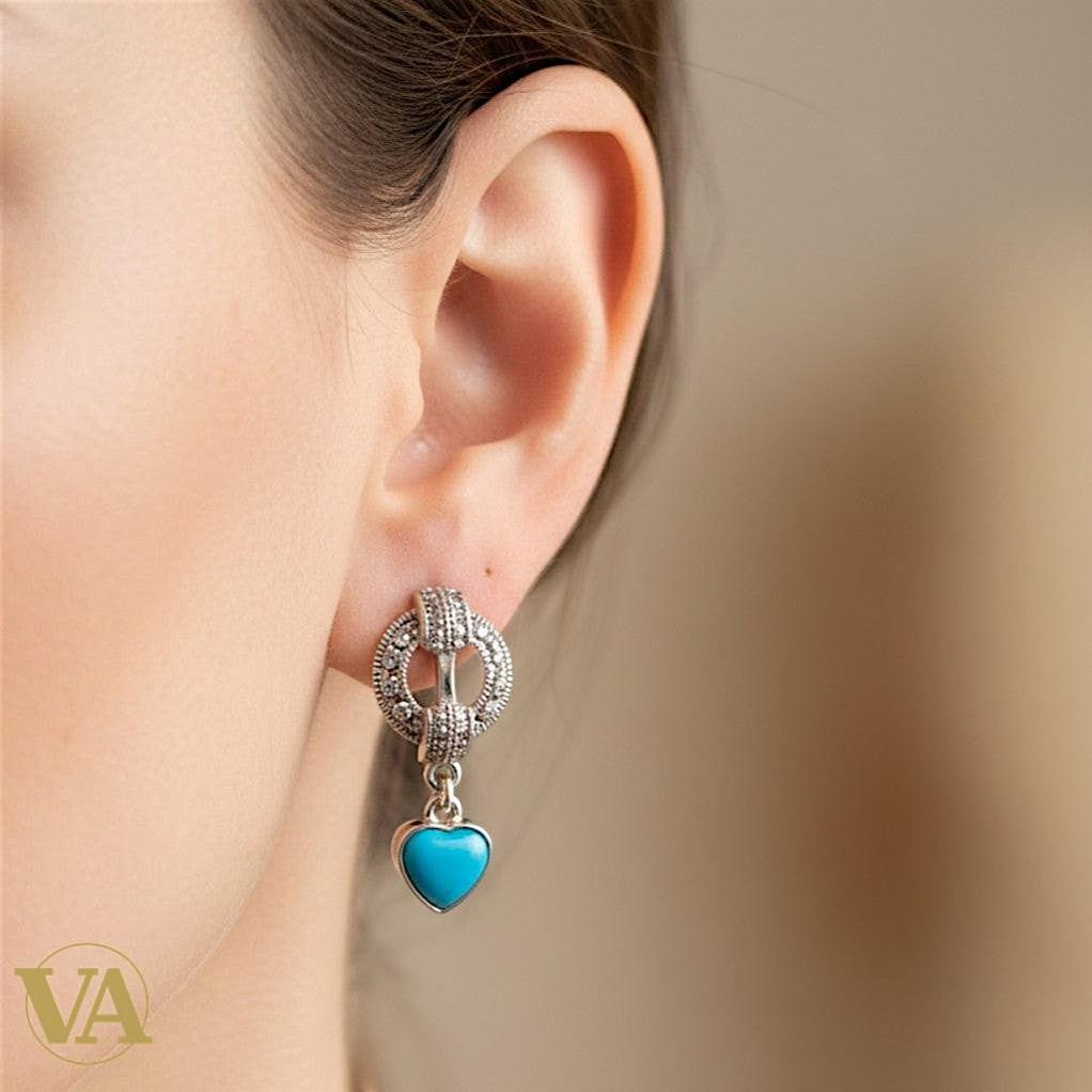 Boucles d'Oreilles Femme Argent 925 Turquoise et Marcassite Art Déco | Bijoux Vindicta