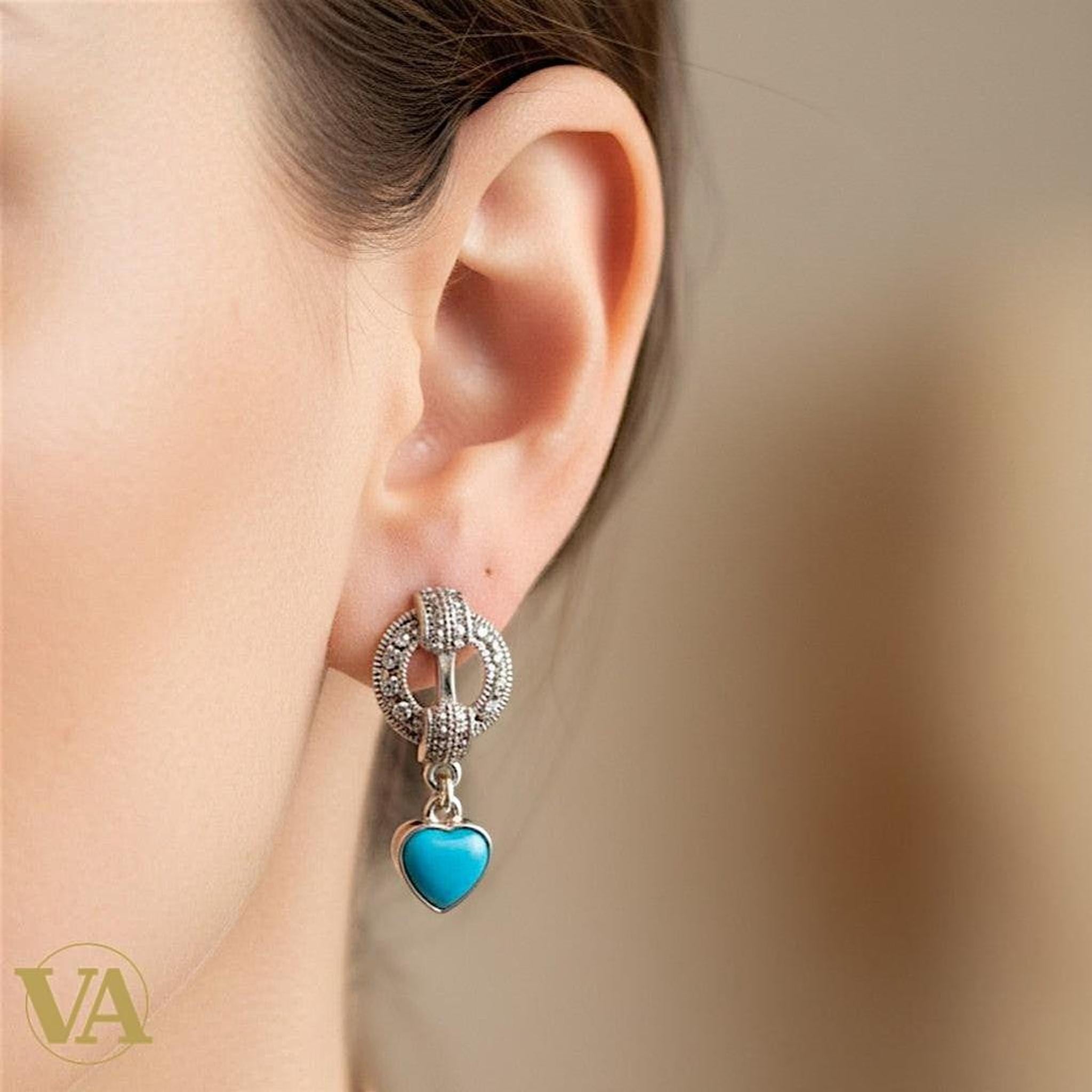 Boucles d'Oreilles Femme Argent 925 Turquoise et Marcassite Art Déco - Argent 925 - Vindicta