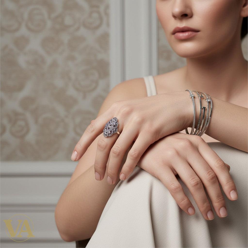 Bague arabesque en argent 925, améthyste & marcassite