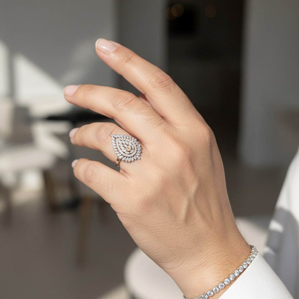 Bague Femme Argent 925 Goutte Pavé Zircons Pétales Bicolore