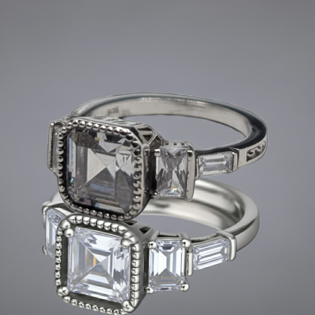 Bague Femme Argent 925 Solitaire Zircon Asscher Milgrain Art Déco