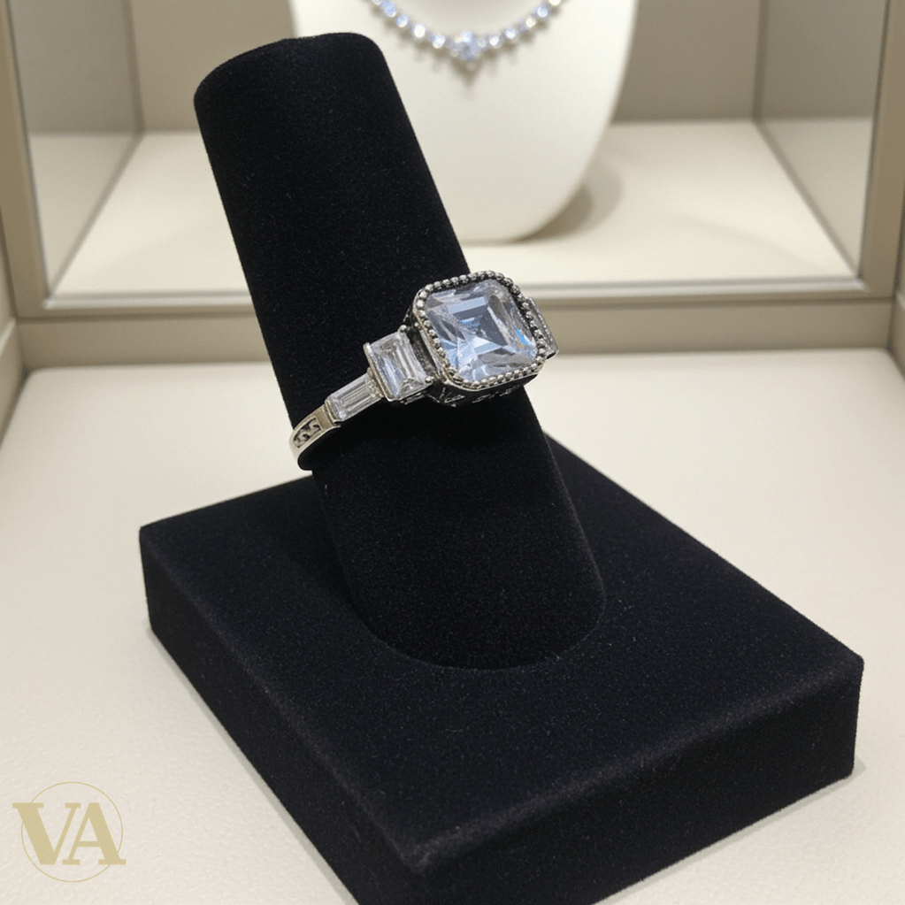 Bague Femme Argent 925 Solitaire Zircon Asscher Milgrain Art Déco - Argent 925 - Vindicta