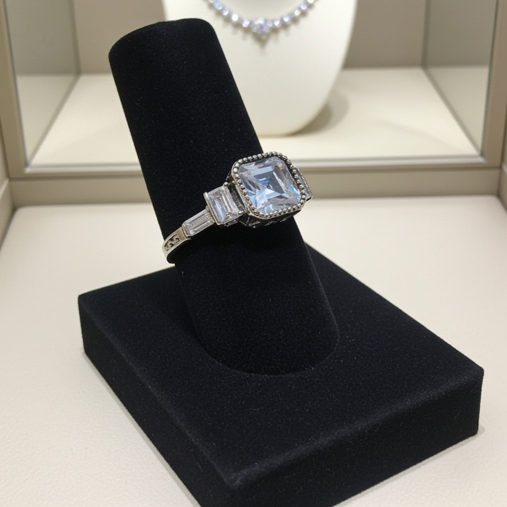 Bague Femme Argent 925 Solitaire Zircon Asscher Milgrain Art Déco