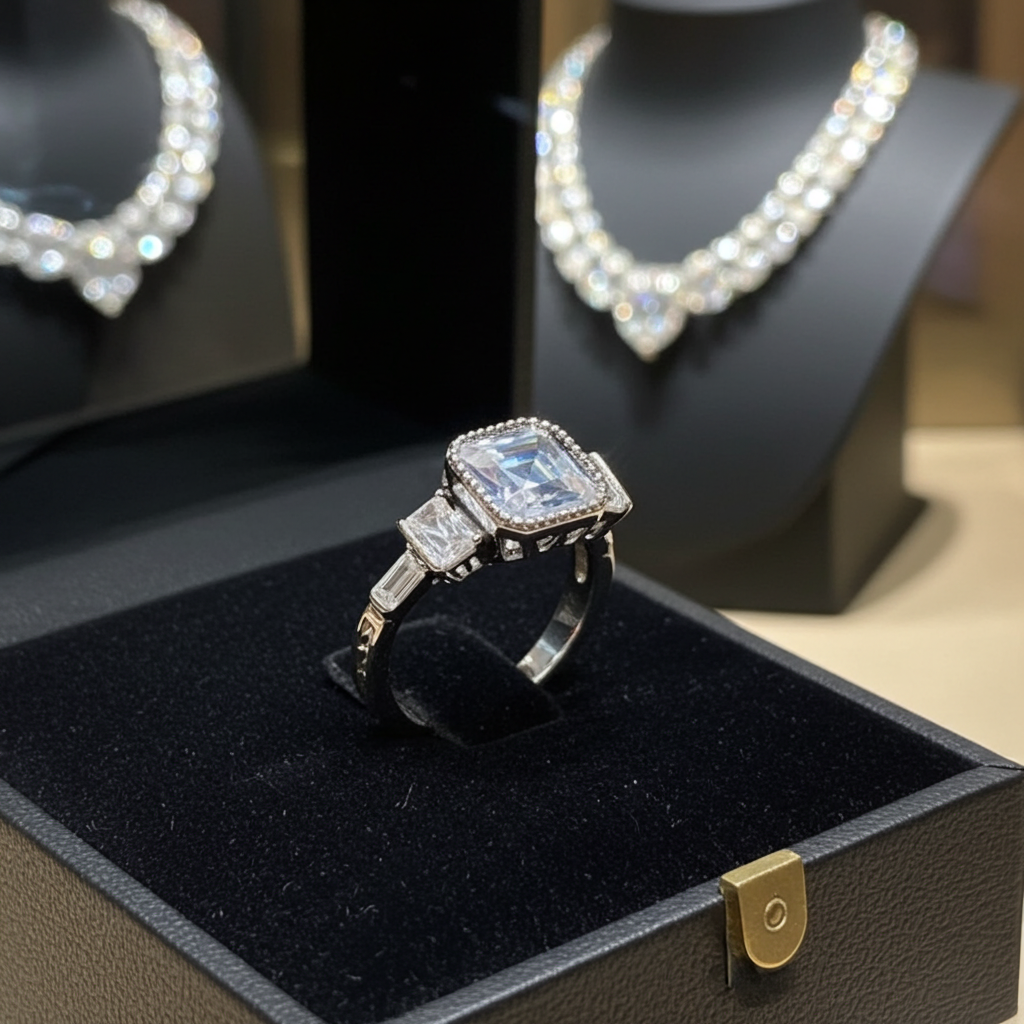 Bague Femme Argent 925 Solitaire Zircon Asscher Milgrain Art Déco