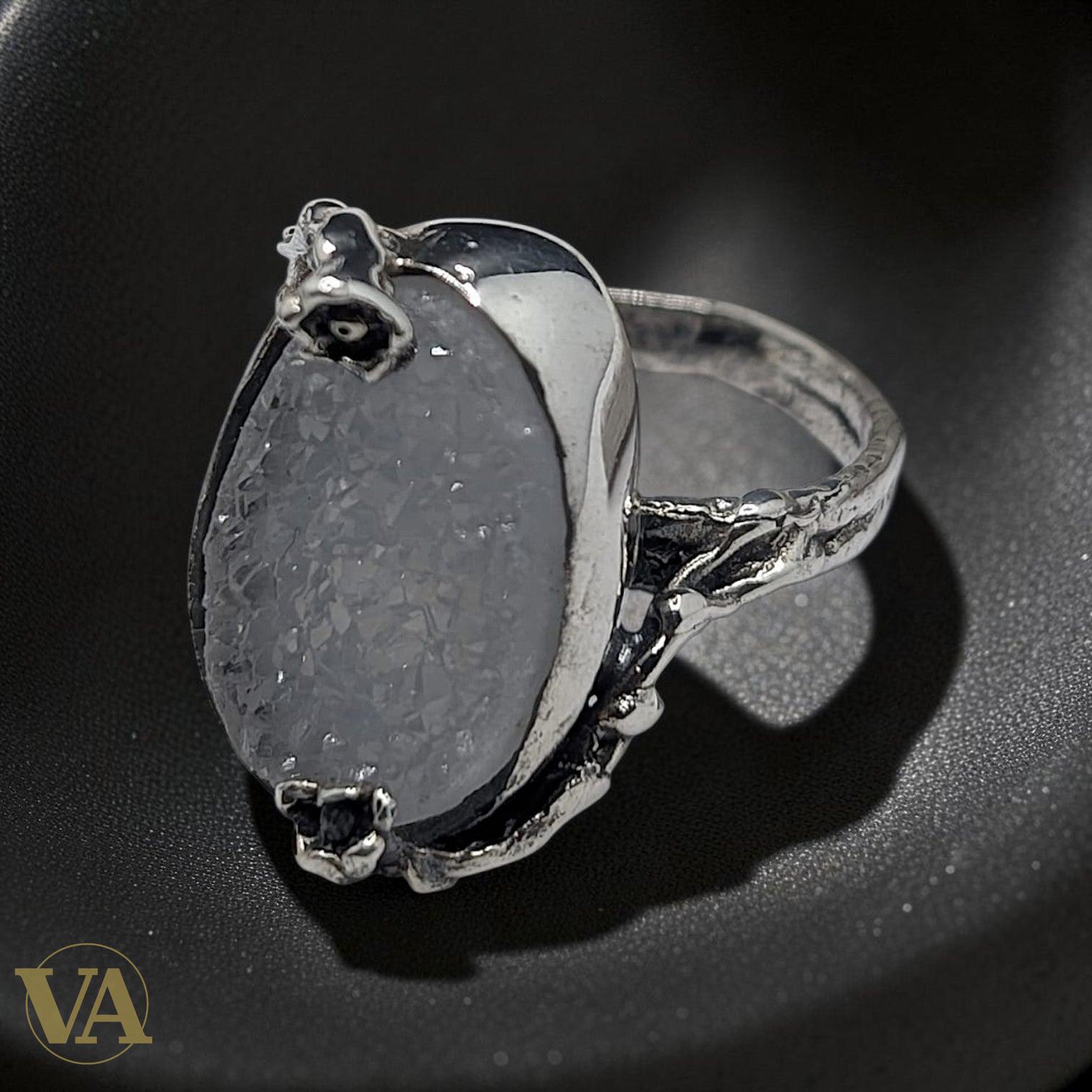 Bague femme argent 925 Quartz Druzy brut ovale monture fleurs