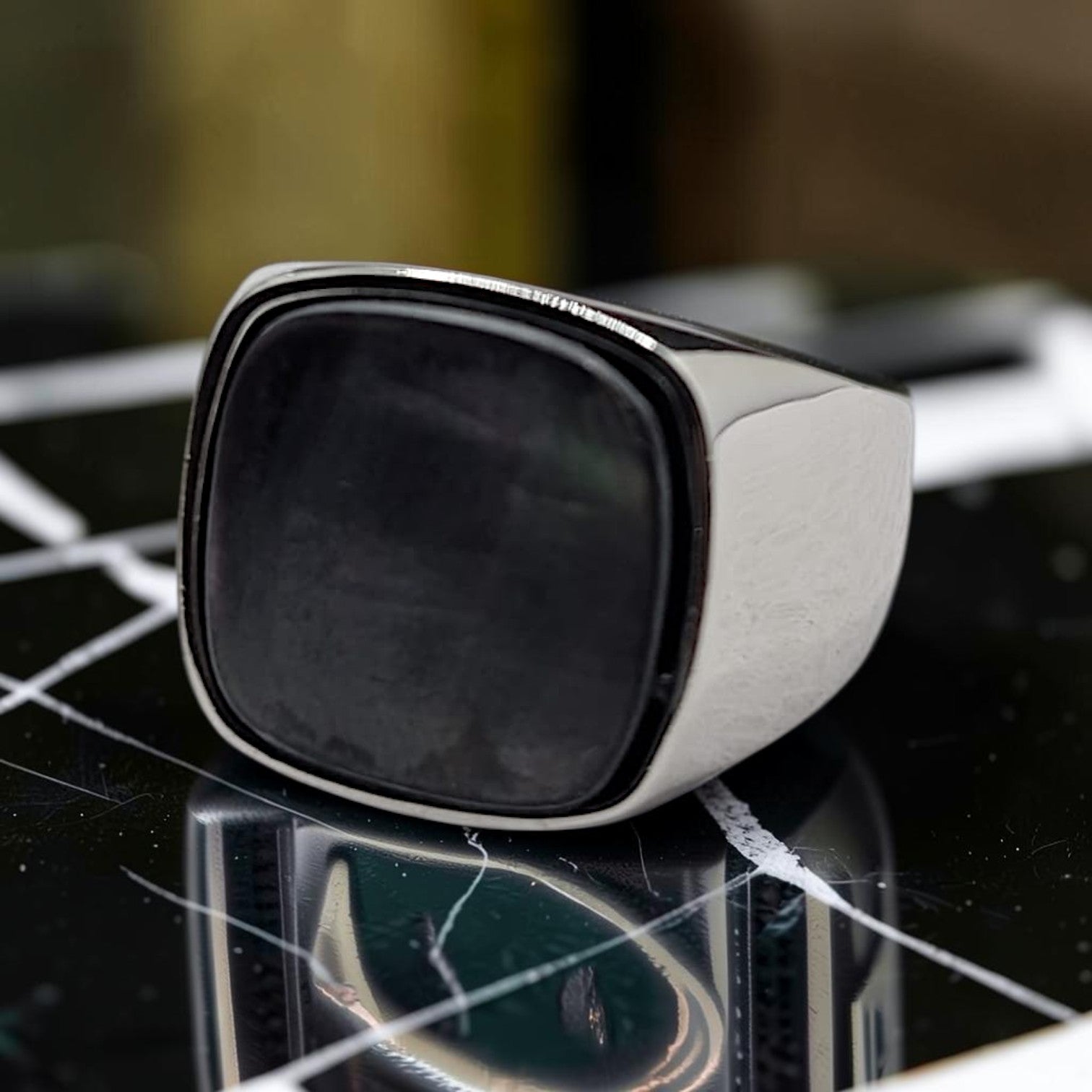 Chevalière Homme Argent 925 Nacre Gris Anthracite Cabochon Carré Arrondi Minimaliste