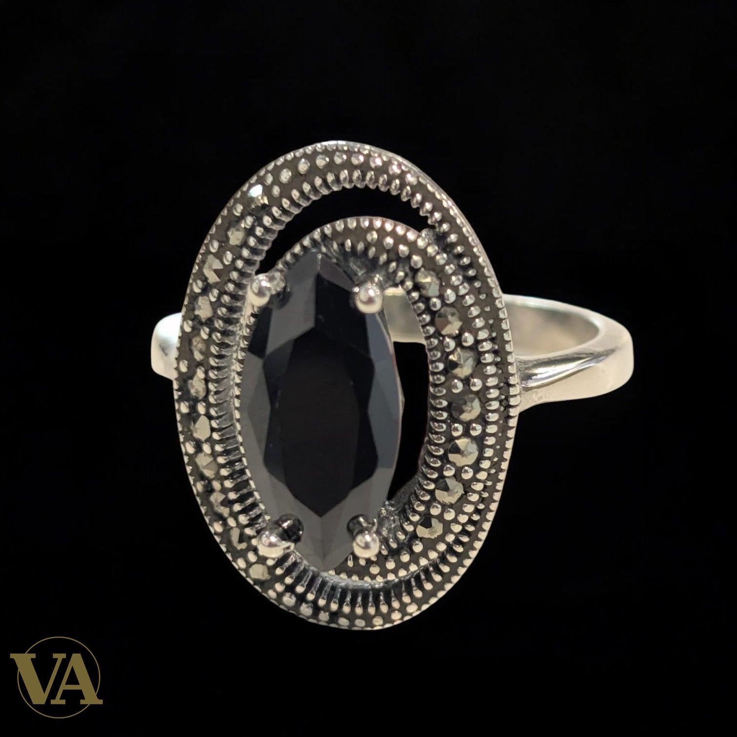 Bague Argent 925 Onyx Noir & Marcassites – Ovale Vintage