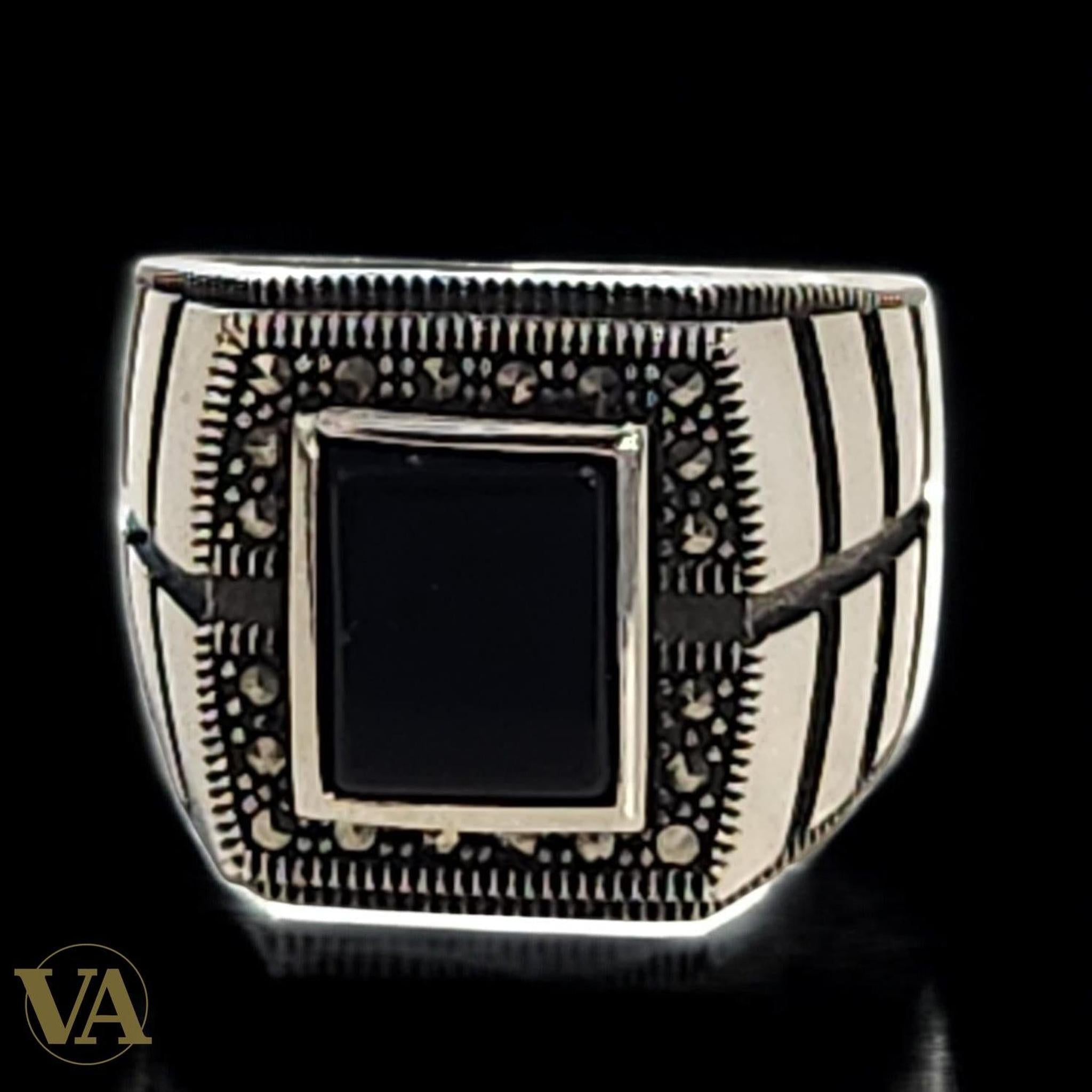 Bague homme argent 925 onyx et marcassite rectangulaire - Argent 925 - Vindicta