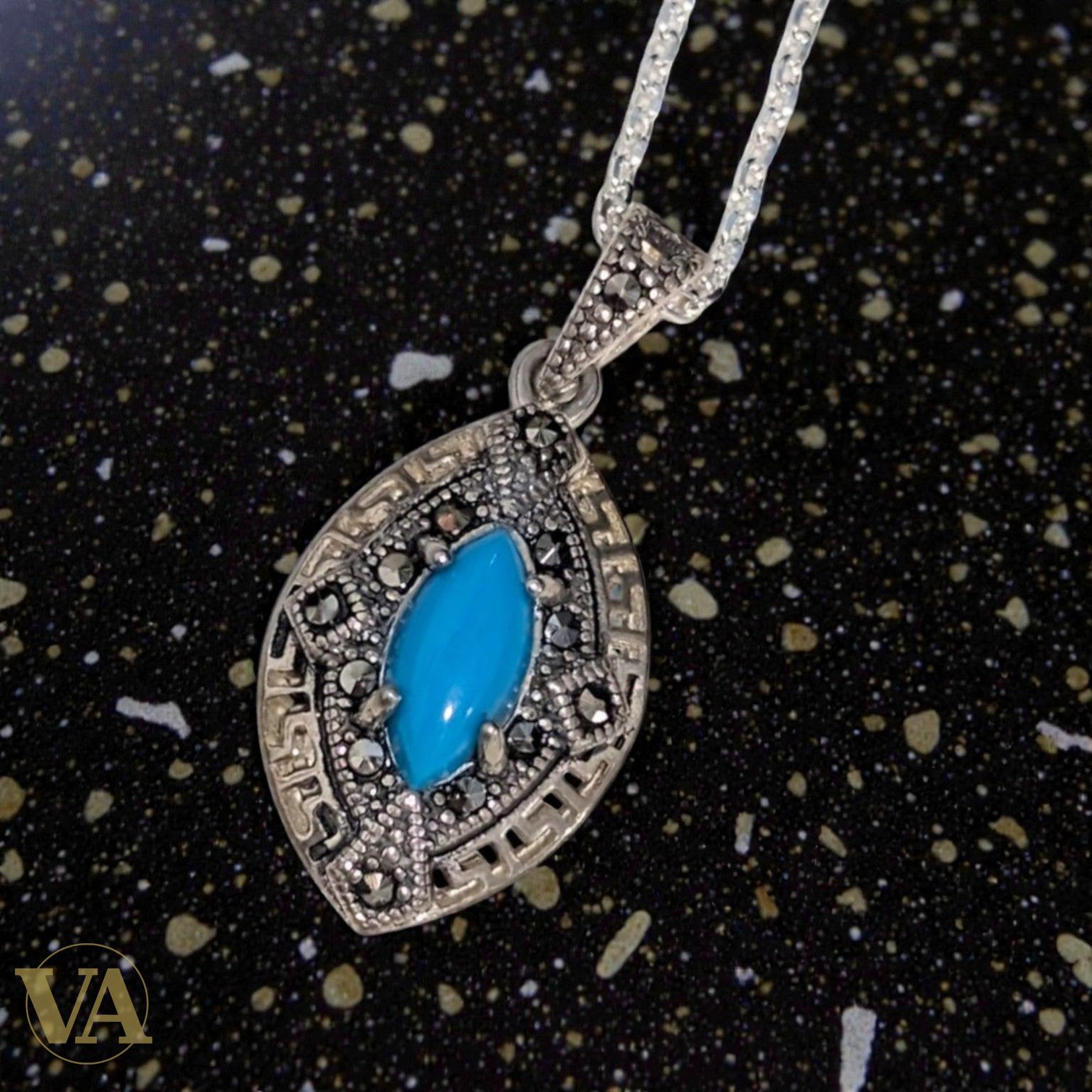 Collier Turquoise Marcassite Argent 925 - Pendentif Art Déco Bleu