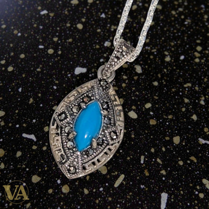 Collier Femme Turquoise Marcassite Argent 925 - Pendentif Art Déco Bleu