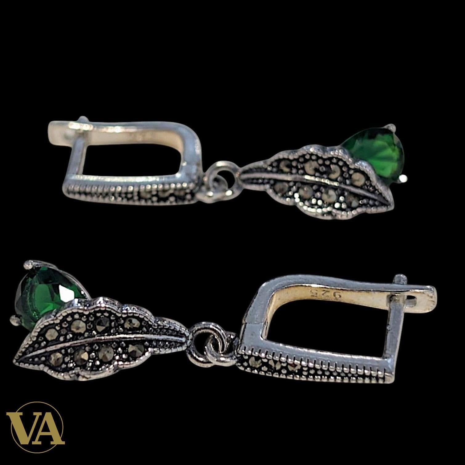 Boucles d’oreilles femme argent 925 marcassite et pierre verte – Style végétal élégant