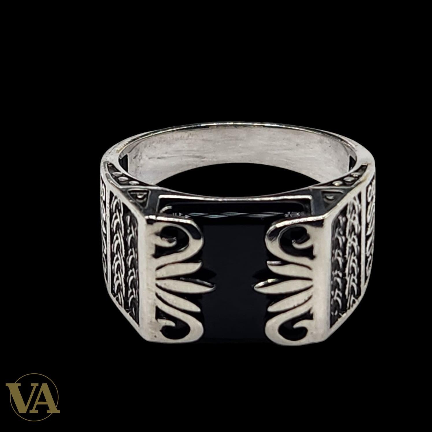 Bague Homme Argent 925 – Onyx noir rectangulaire & motifs orientaux