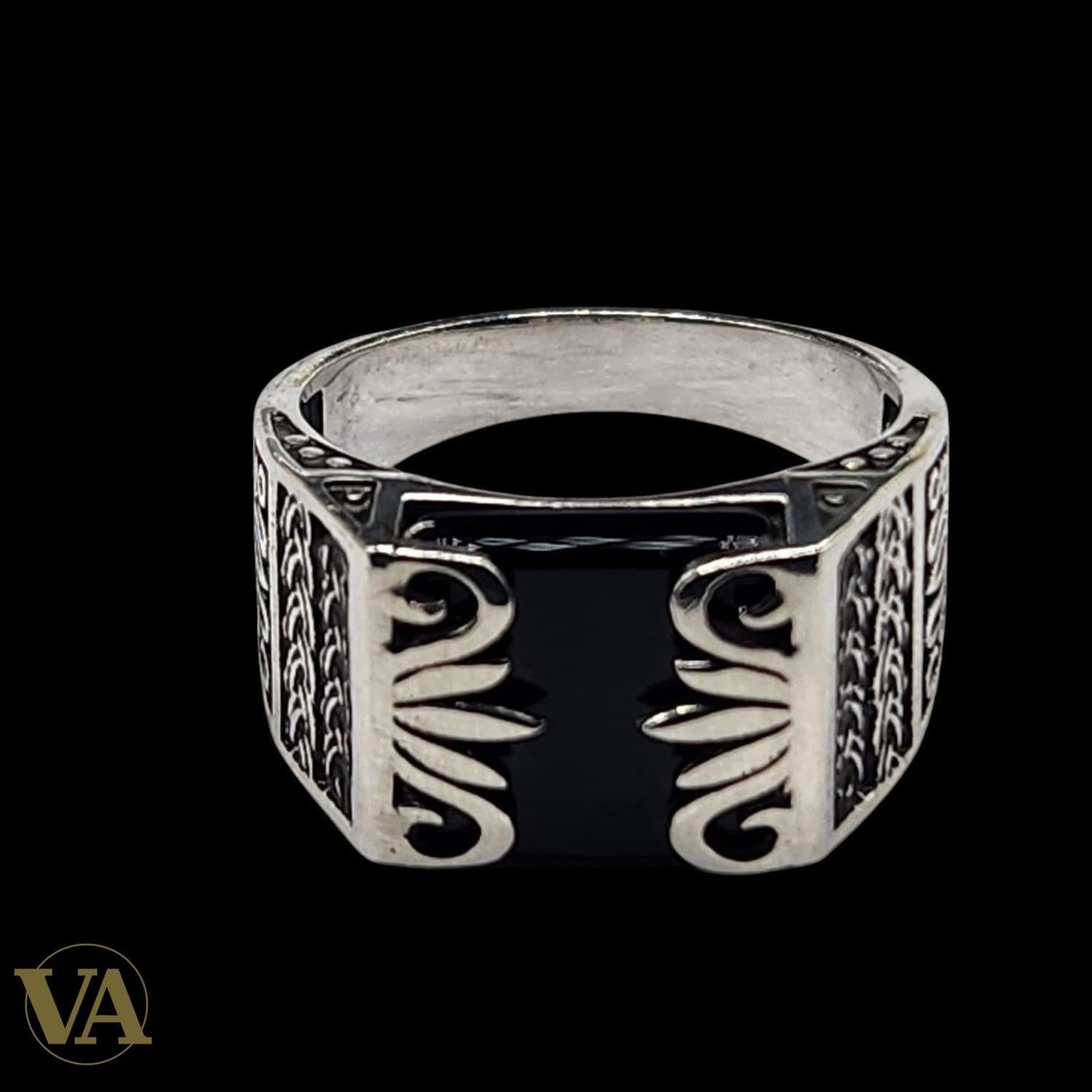 Bague Homme Argent 925 – Onyx noir rectangulaire & motifs orientaux - Argent 925 - Vindicta