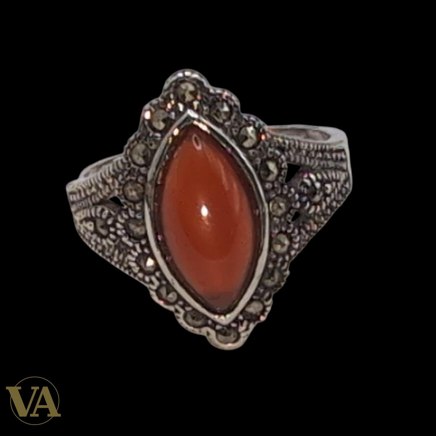 Bague Femme Argent 925 Cornaline Navette & Marcassite – Style Vintage Élégant