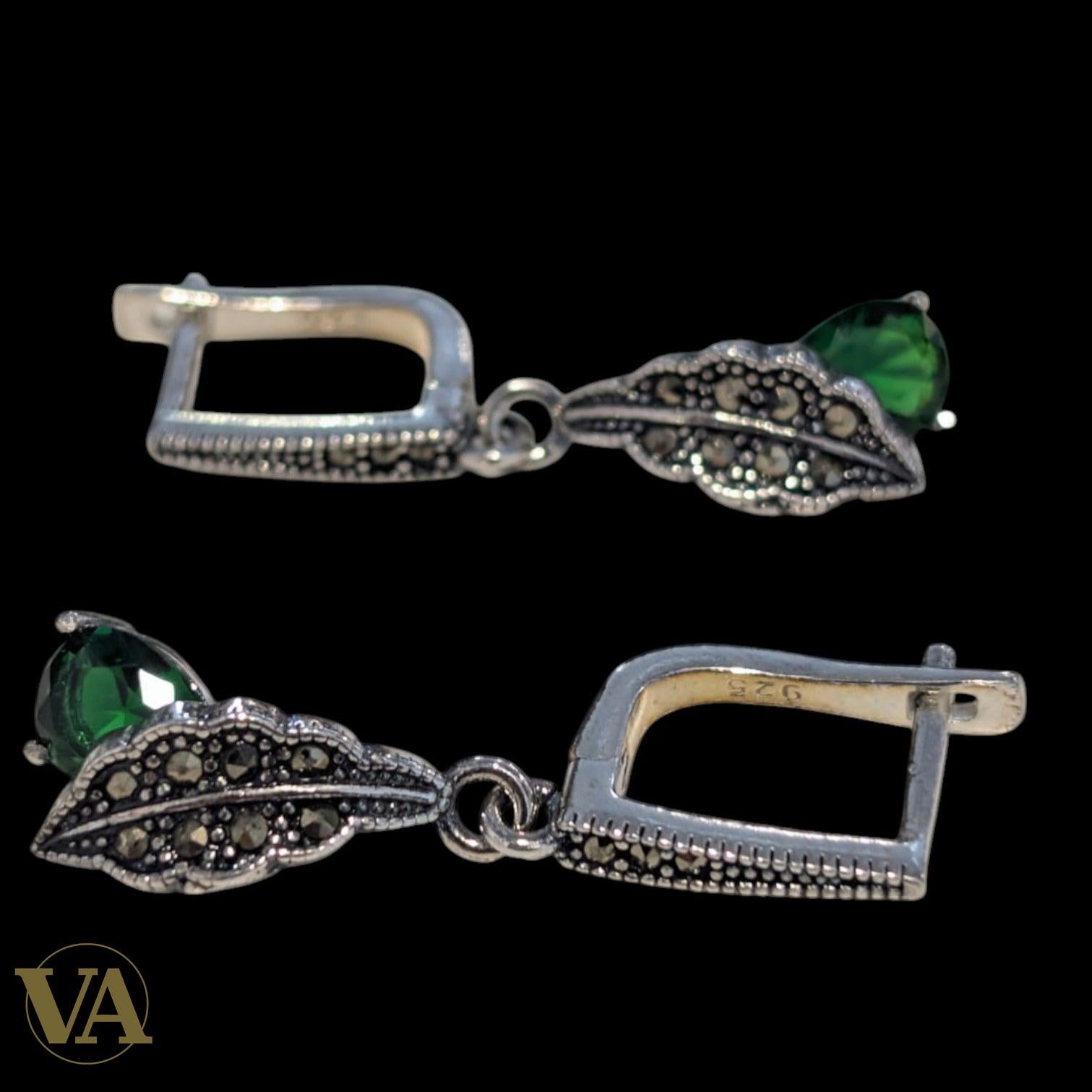 Boucles d’oreilles femme argent 925 marcassite et pierre verte – Style végétal élégant