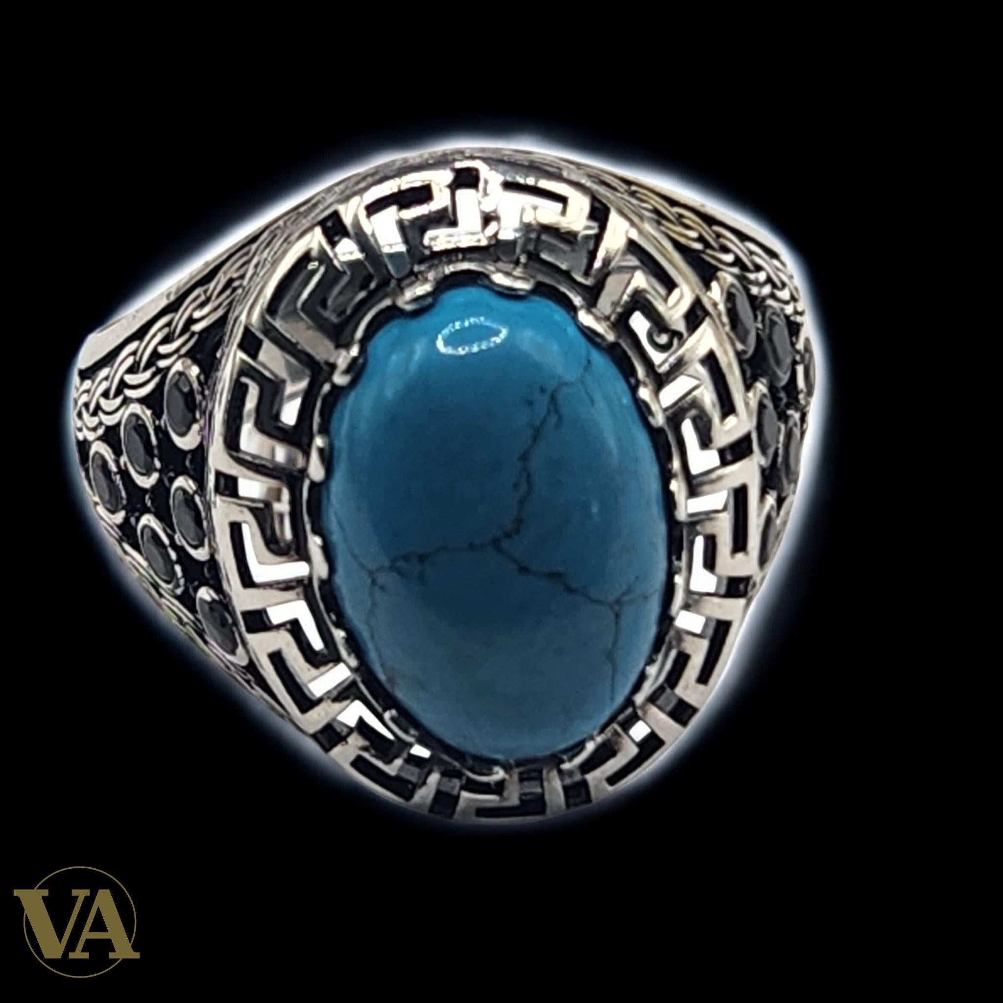 Men's 925 Sterling Silver Turquoise Oval Cabochon Ring with