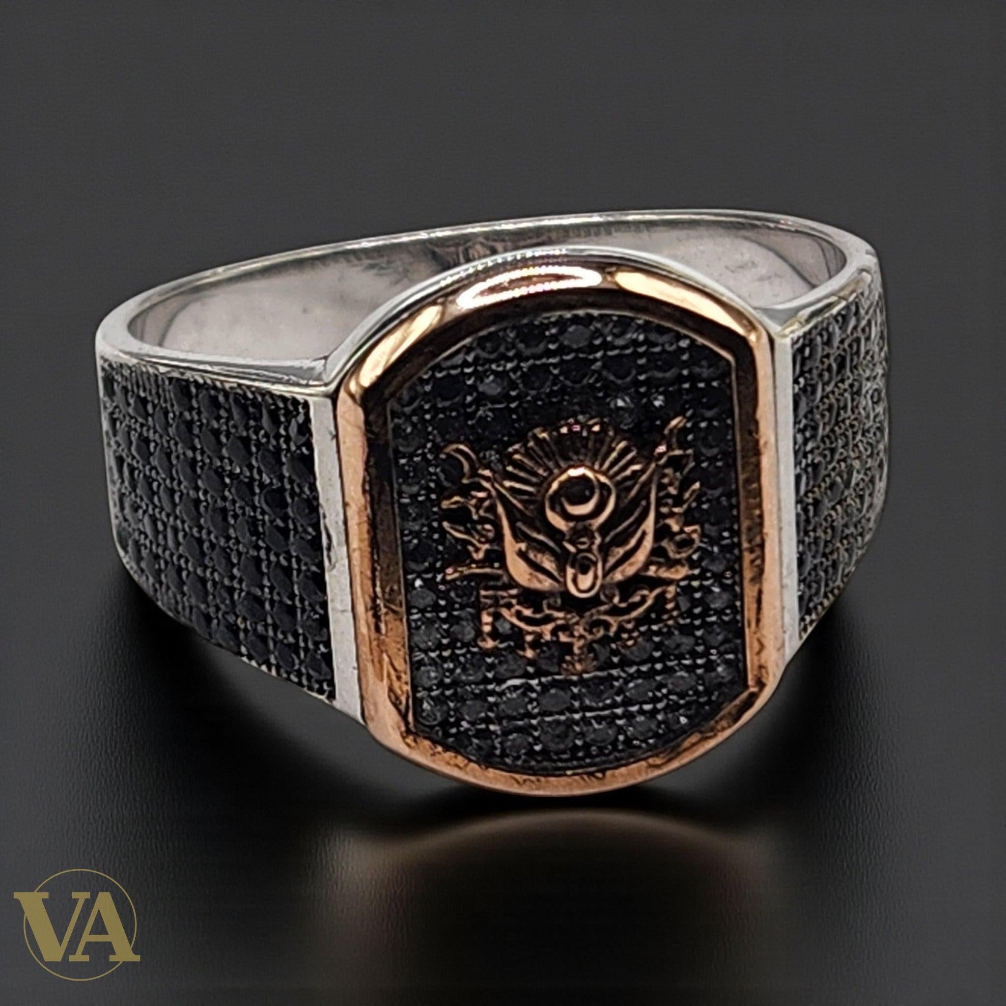 Bague Homme Argent 925 – Motif central doré & pavage de pierres noires - Argent 925 - Vindicta