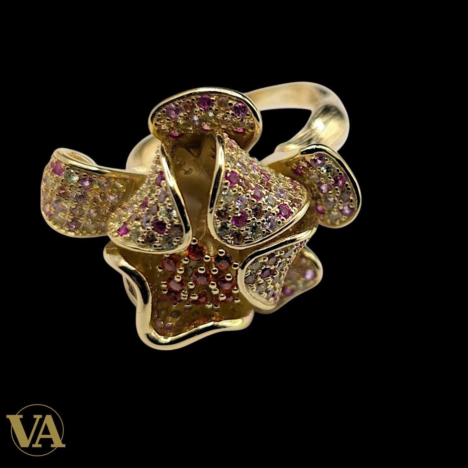 Bague Femme Argent 925 Plaqué Or – Pavage Multicolore & Design Floral