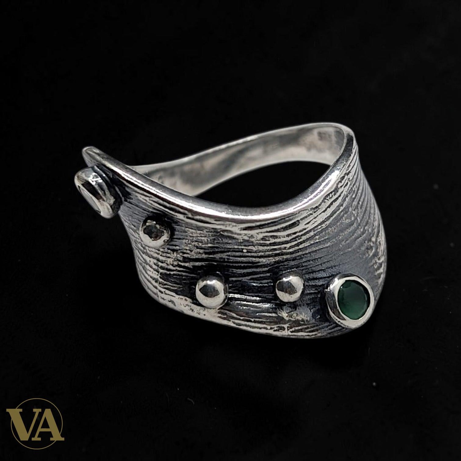 Bague Femme Argent 925 Aventurine Verte – Manchette Texturée - Argent 925 - Vindicta
