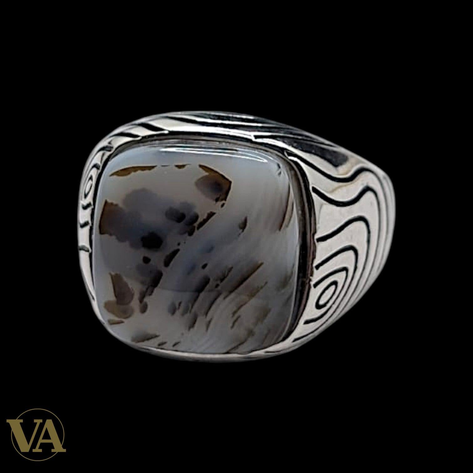 Chevalière Homme Argent 925 Agate Naturelle Motifs Tourbillons | Bijoux Vindicta