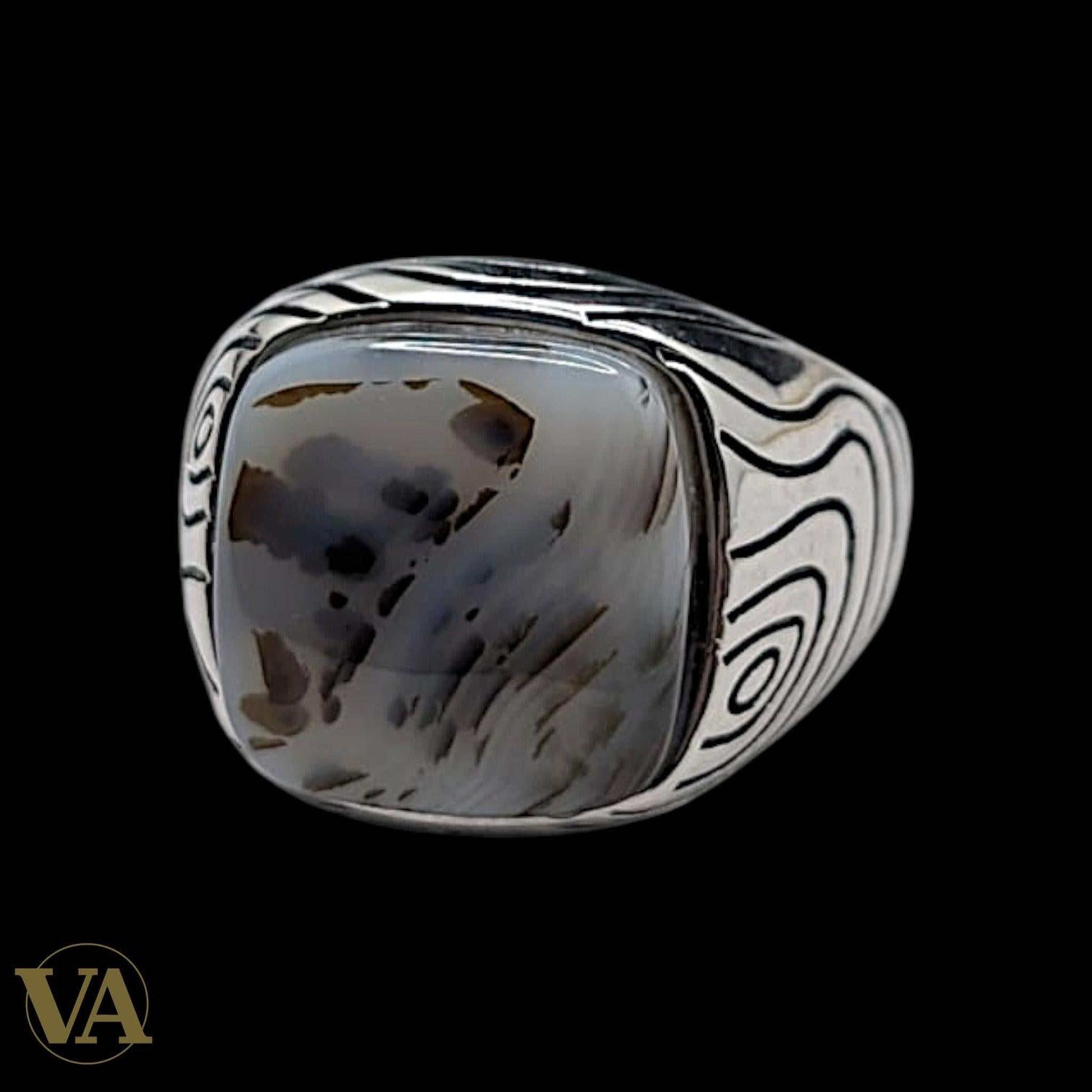 Chevalière Homme Argent 925 Agate Naturelle Motifs Tourbillons | Bijoux Vindicta