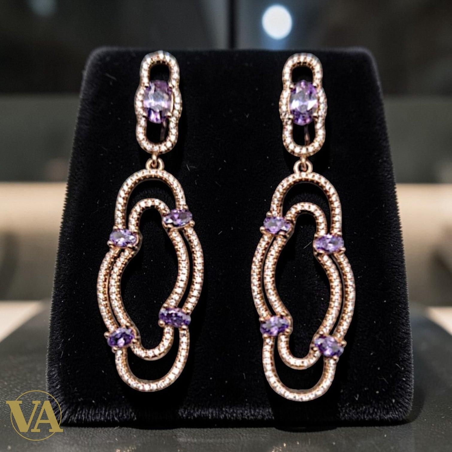 Boucles d'Oreilles Femme Argent 925 Plaqué Or Rose et Améthyste | Bijoux Vindicta