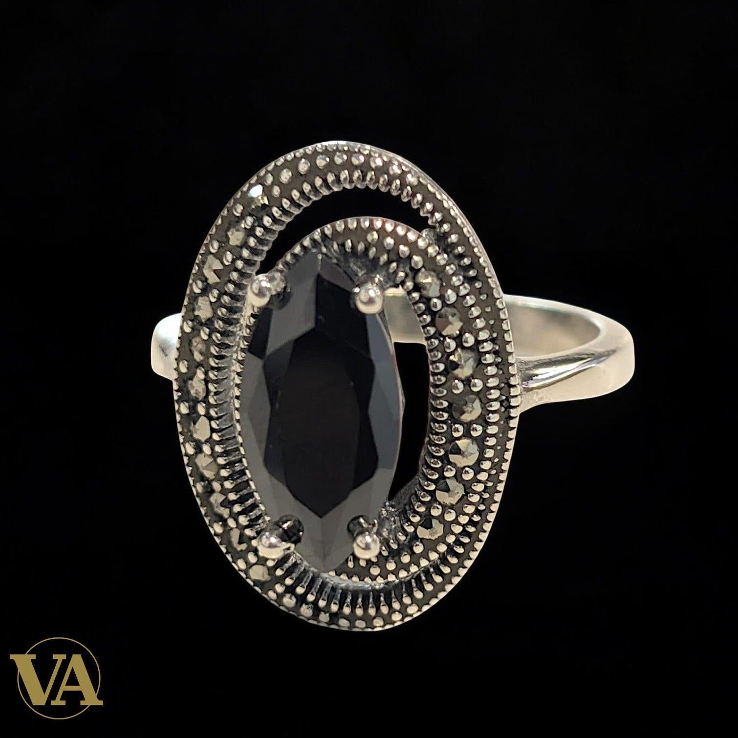 Bague  femme Argent 925 Onyx Noir & Marcassites – Ovale Vintage
