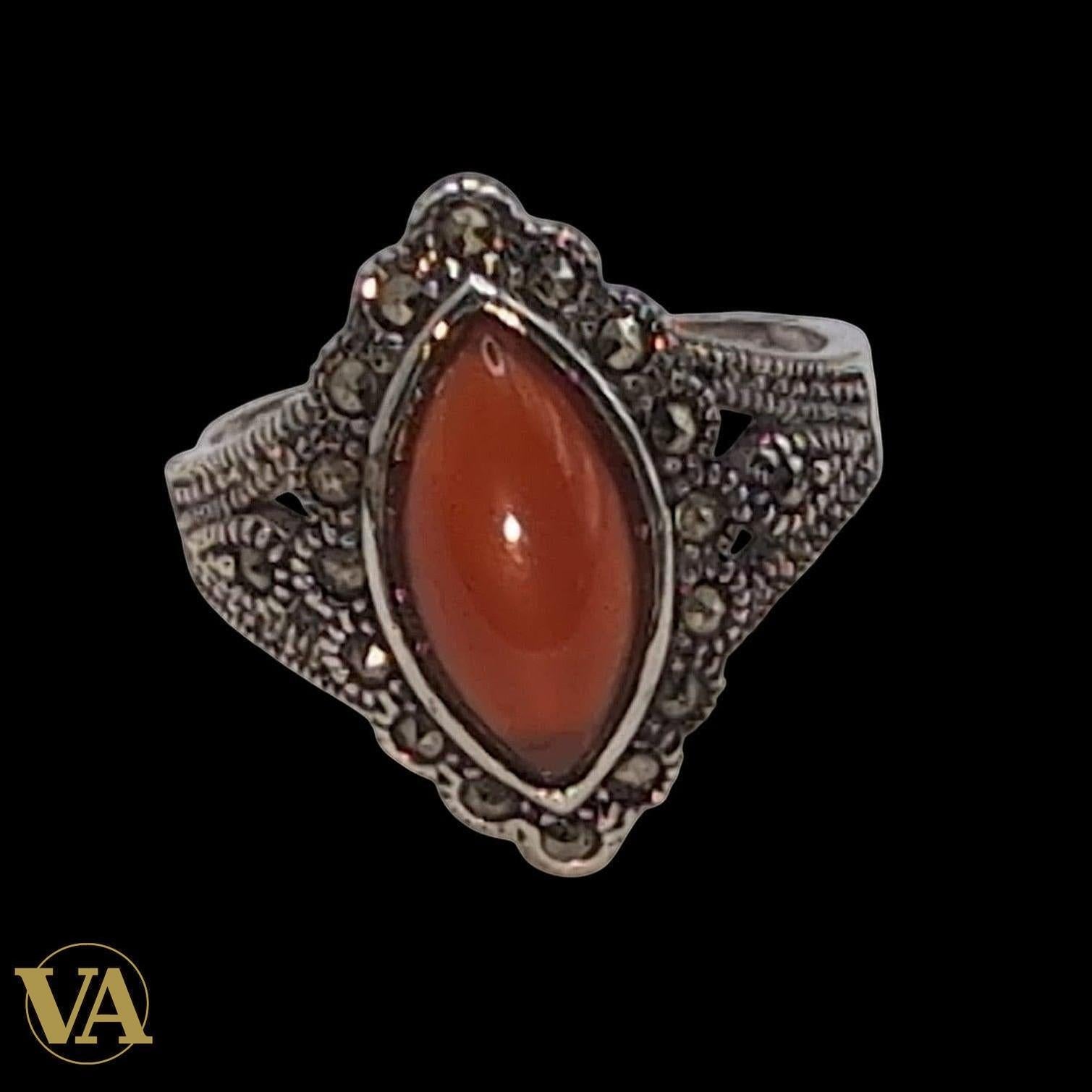 Bague Femme Argent 925 Cornaline Navette & Marcassite – Style Vintage Élégant | Bijoux Vindicta